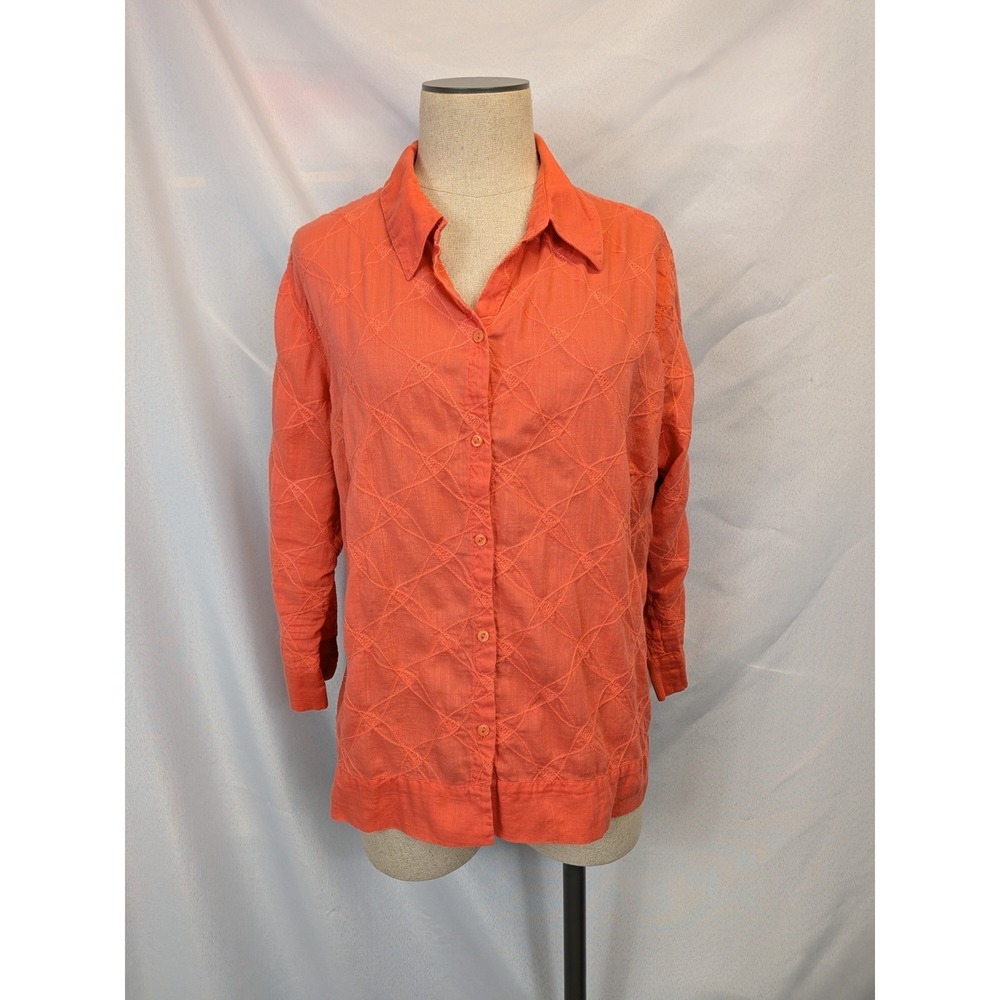 Pursuits Ltd Women's XL Orange Embroidered‎ Button Up Shirt 100% Cotton Gauze
